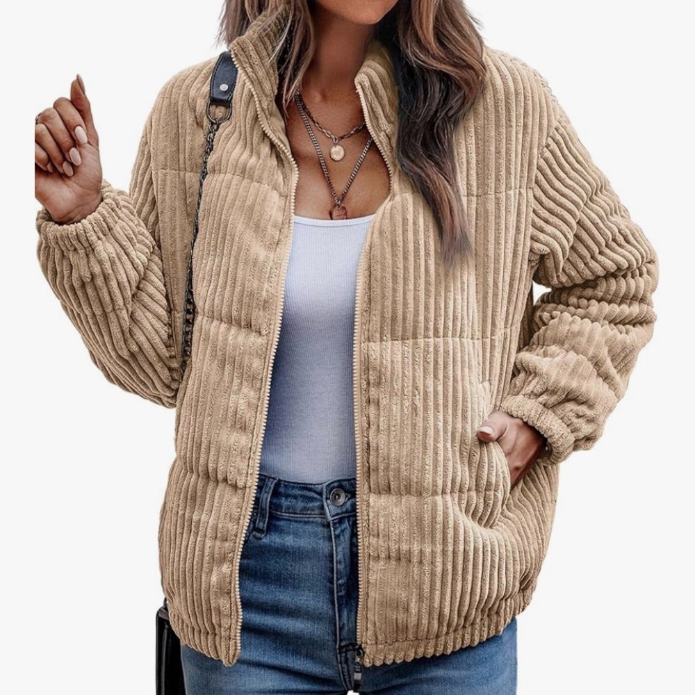 Women's Bomber Jacket Corduroy Ribbed Quilted Zip Up Coat with Pockets